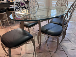 Oval Glass Top Dining Table + 6 Chairs w/Black Leather Seats