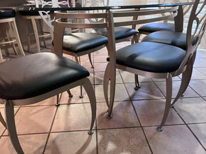 Oval Glass Top Dining Table + 6 Chairs w/Black Leather Seats
