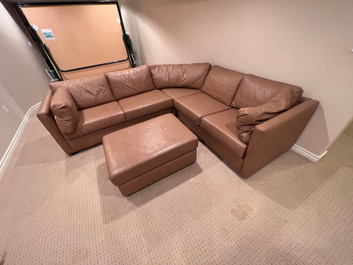 Rawhide Tan Leather Sectional Sofa + Storage Ottoman