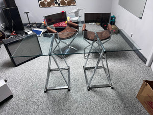 Vintage Glass Top Double Pedestal Chrome Base Table