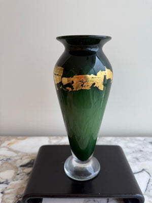 Signed Hand-Blown Green Art Glass Vase with Gold Leaf Decoration