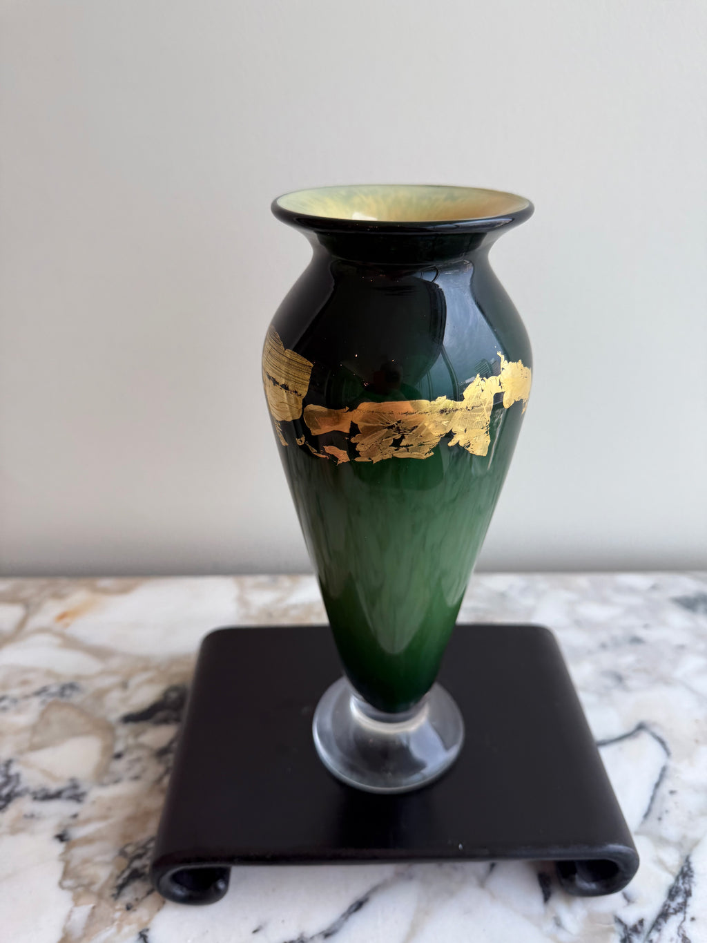 Signed Hand-Blown Green Art Glass Vase with Gold Leaf Decoration