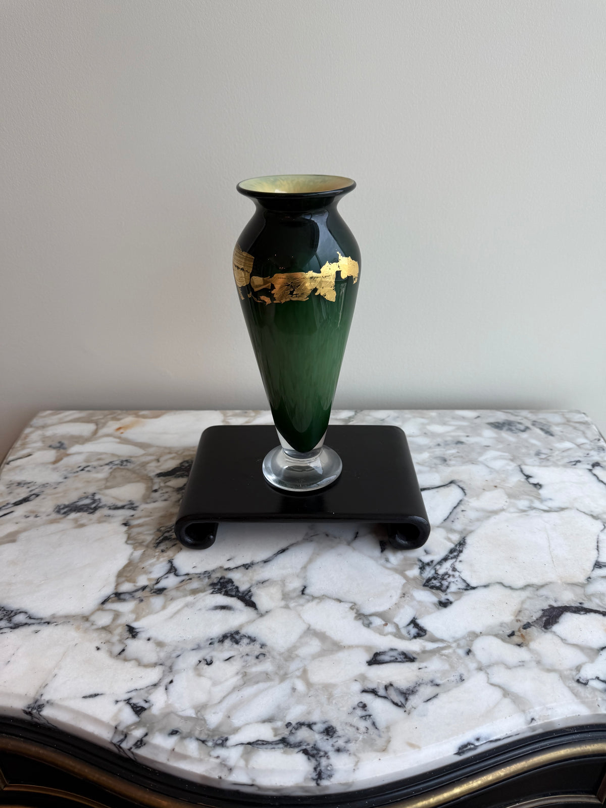 Signed Hand-Blown Green Art Glass Vase with Gold Leaf Decoration