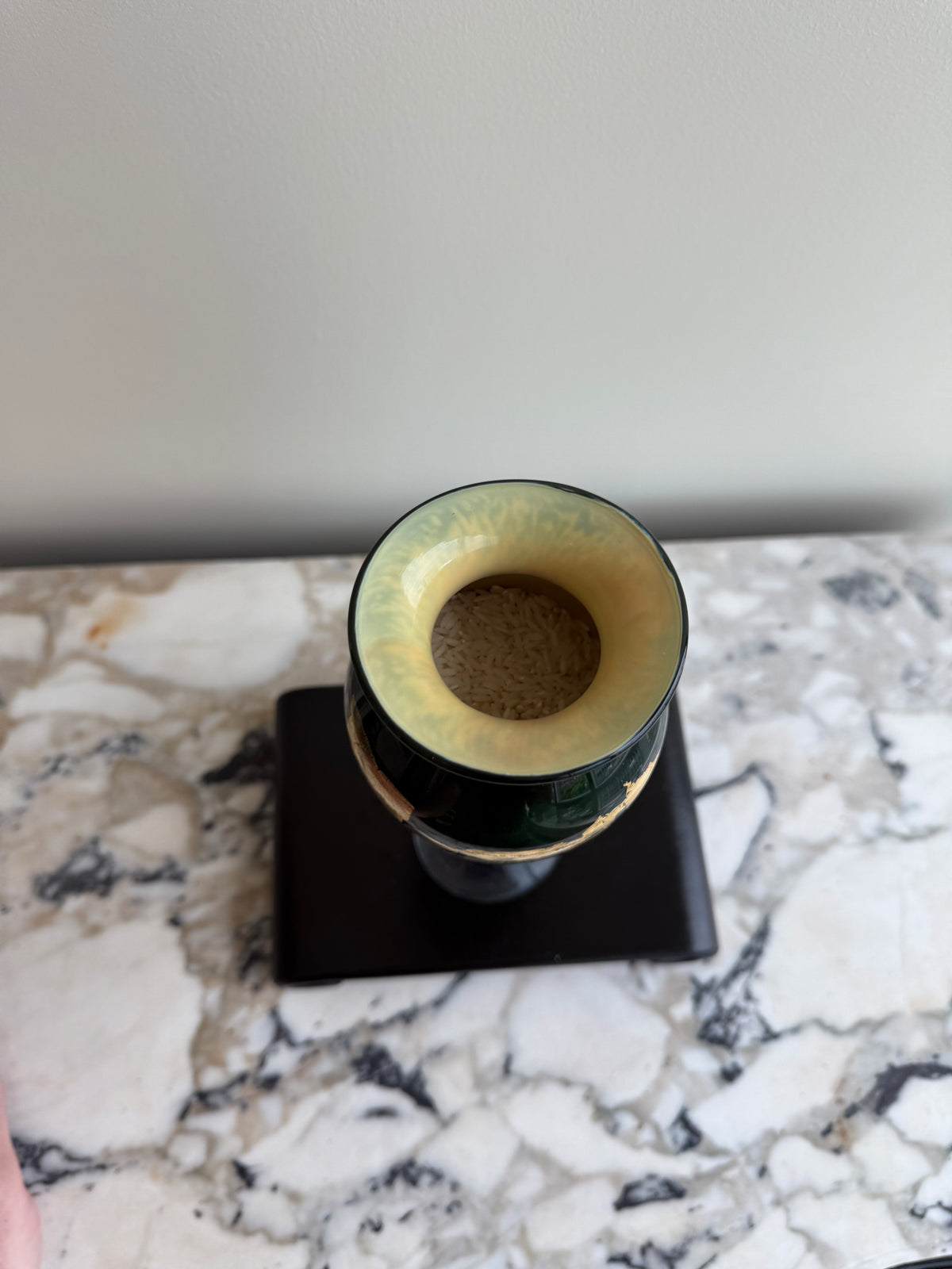 Signed Hand-Blown Green Art Glass Vase with Gold Leaf Decoration