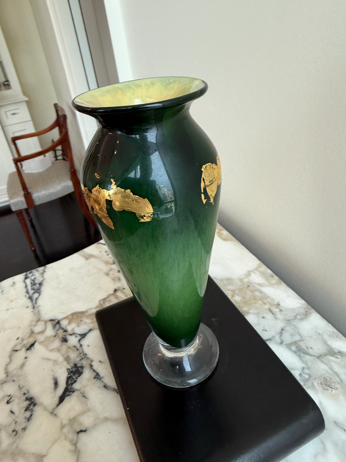Signed Hand-Blown Green Art Glass Vase with Gold Leaf Decoration