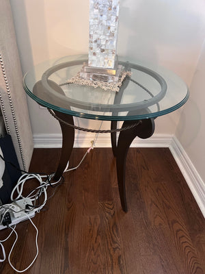 Pair of Round Glass Top, Wrought Iron Base Side Tables