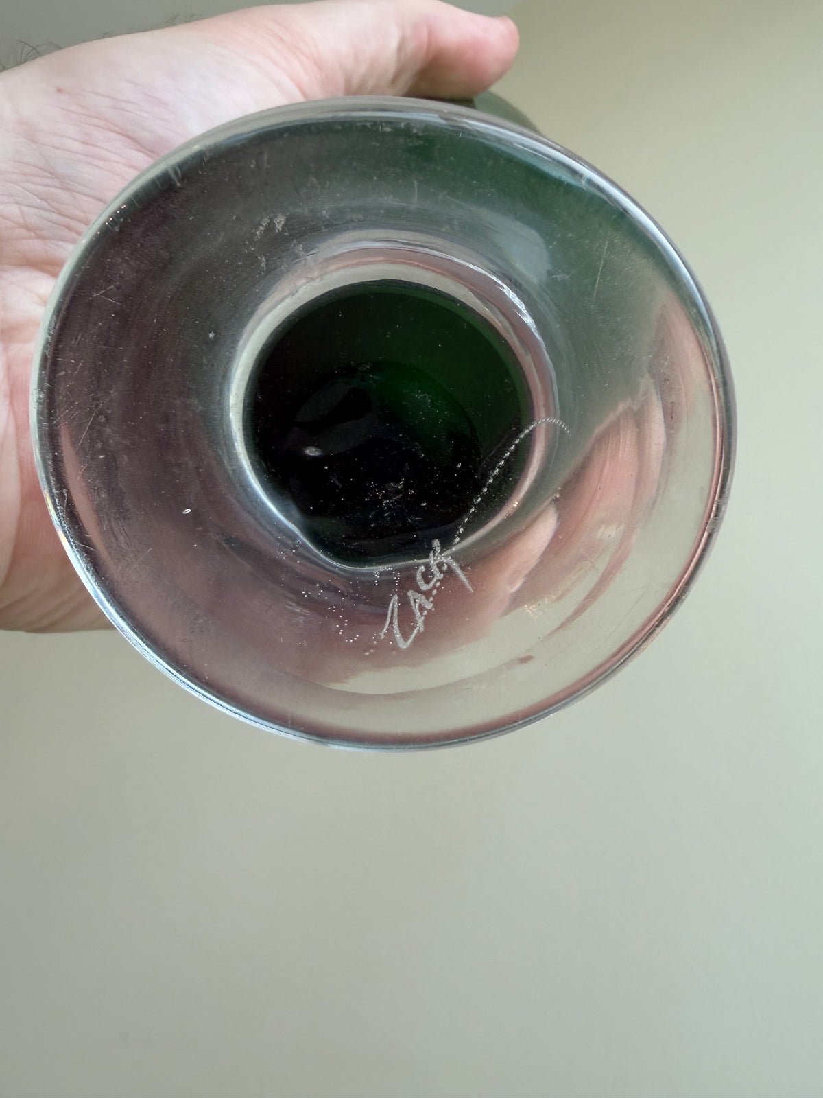 Signed Hand-Blown Green Art Glass Vase with Gold Leaf Decoration