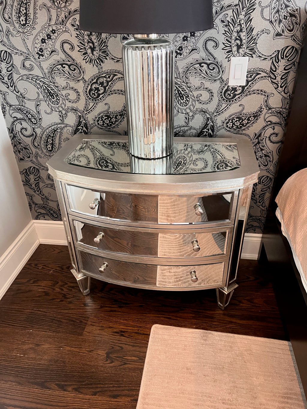 Pair of mirrored 3 drawer nightstands