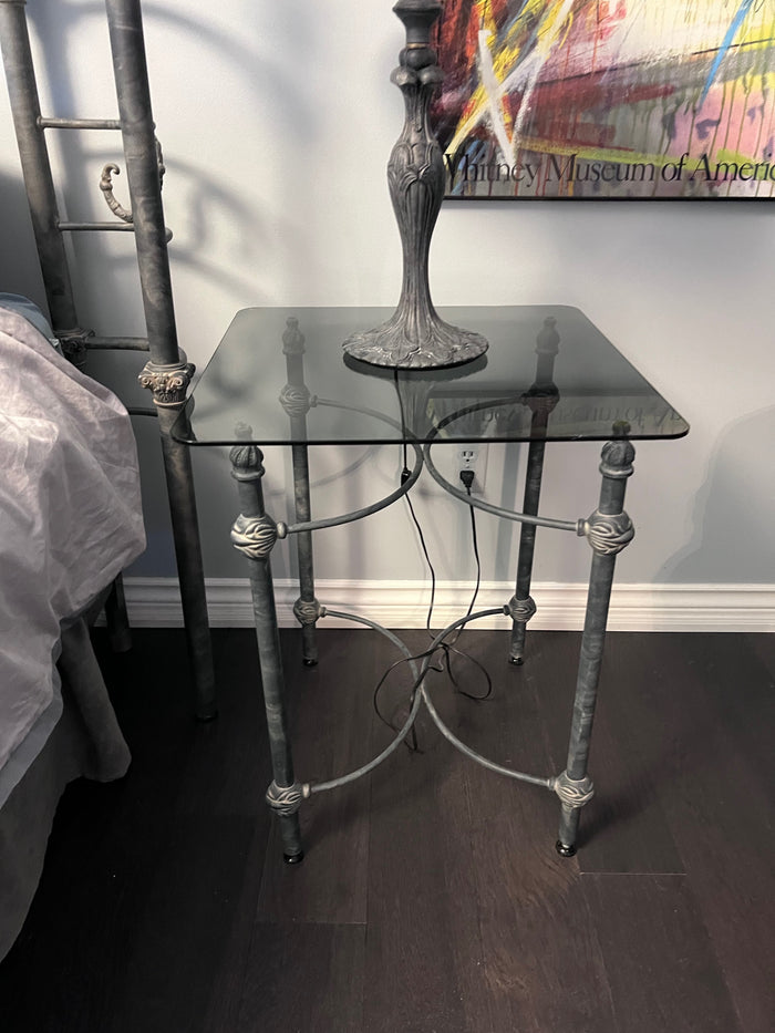 Pair of Glass Top Wrought Iron Side Tables