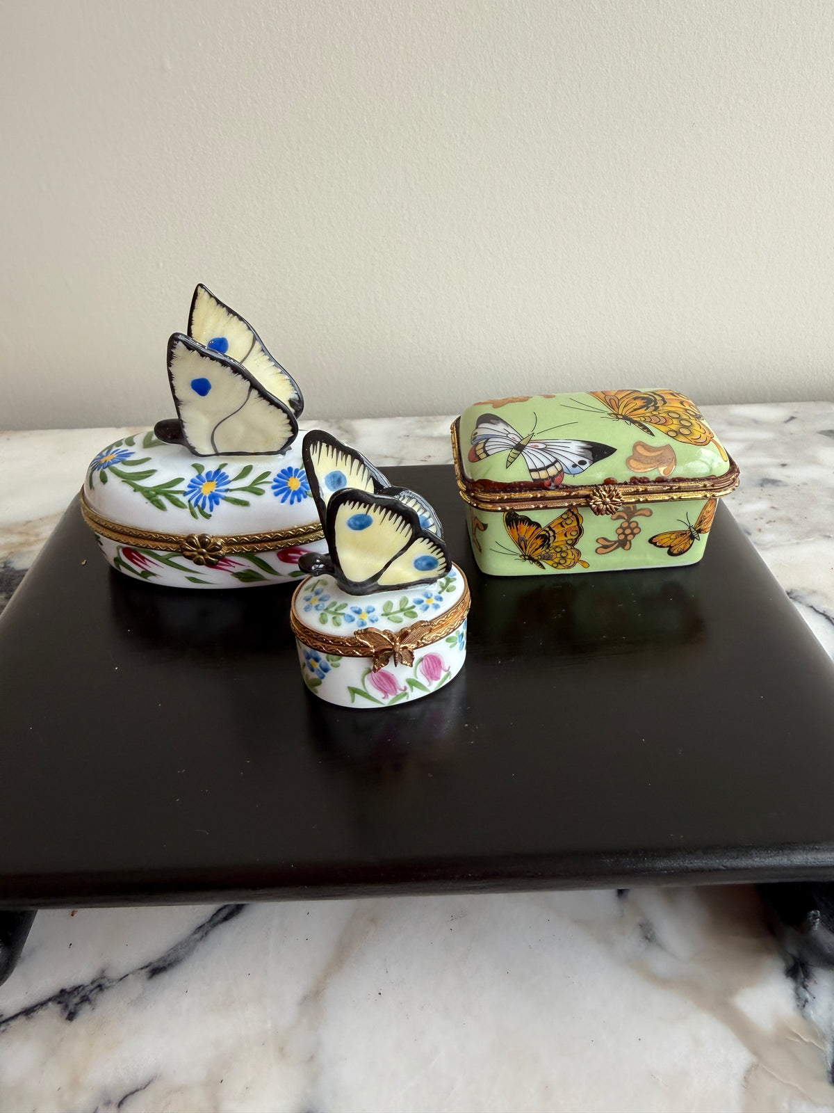 Lot of 3 Decorative Porcelain Butterfly Hinged Trinket Boxes