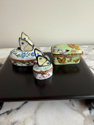 Lot of 3 Decorative Porcelain Butterfly Hinged Trinket Boxes