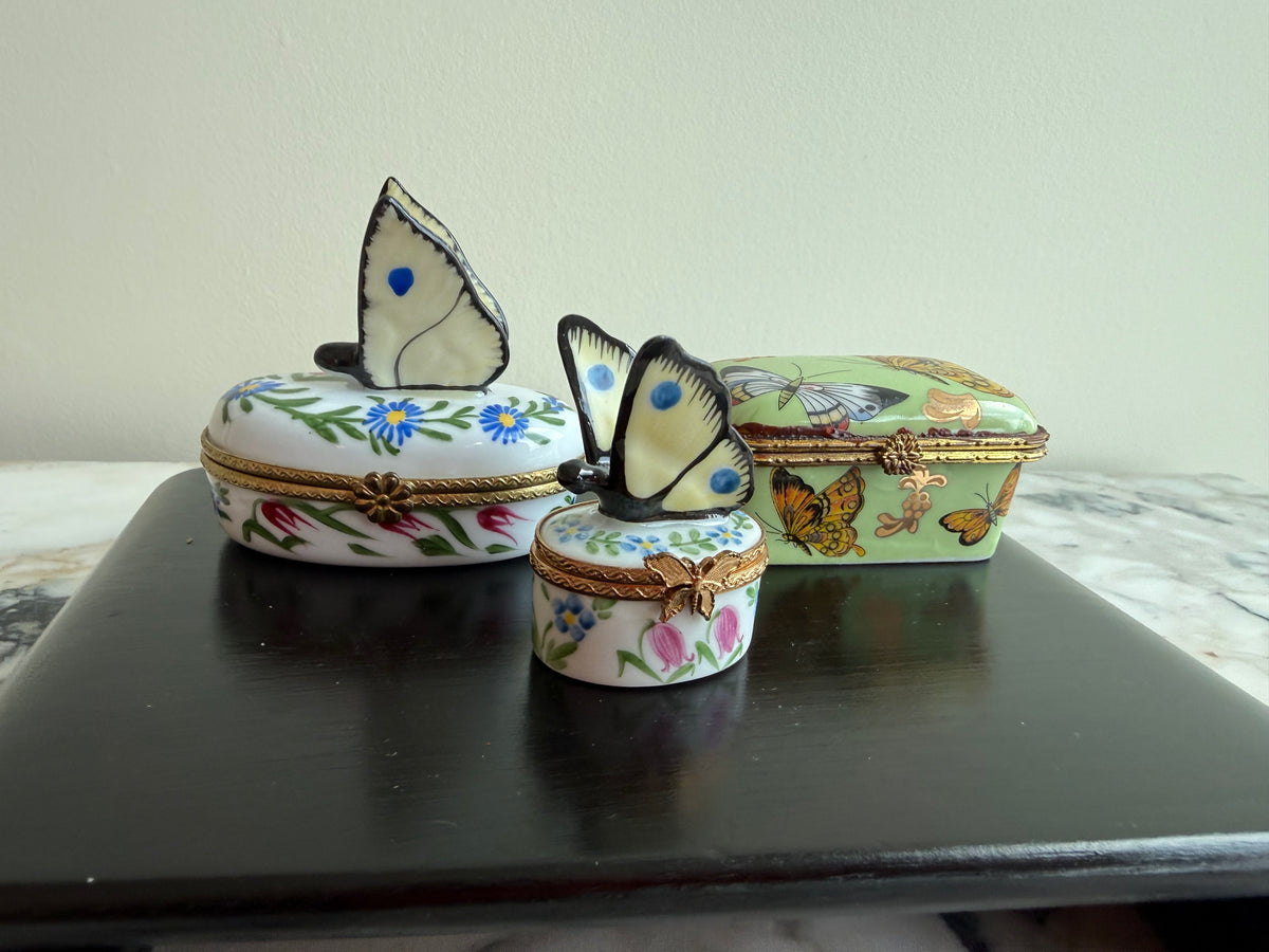 Lot of 3 Decorative Porcelain Butterfly Hinged Trinket Boxes