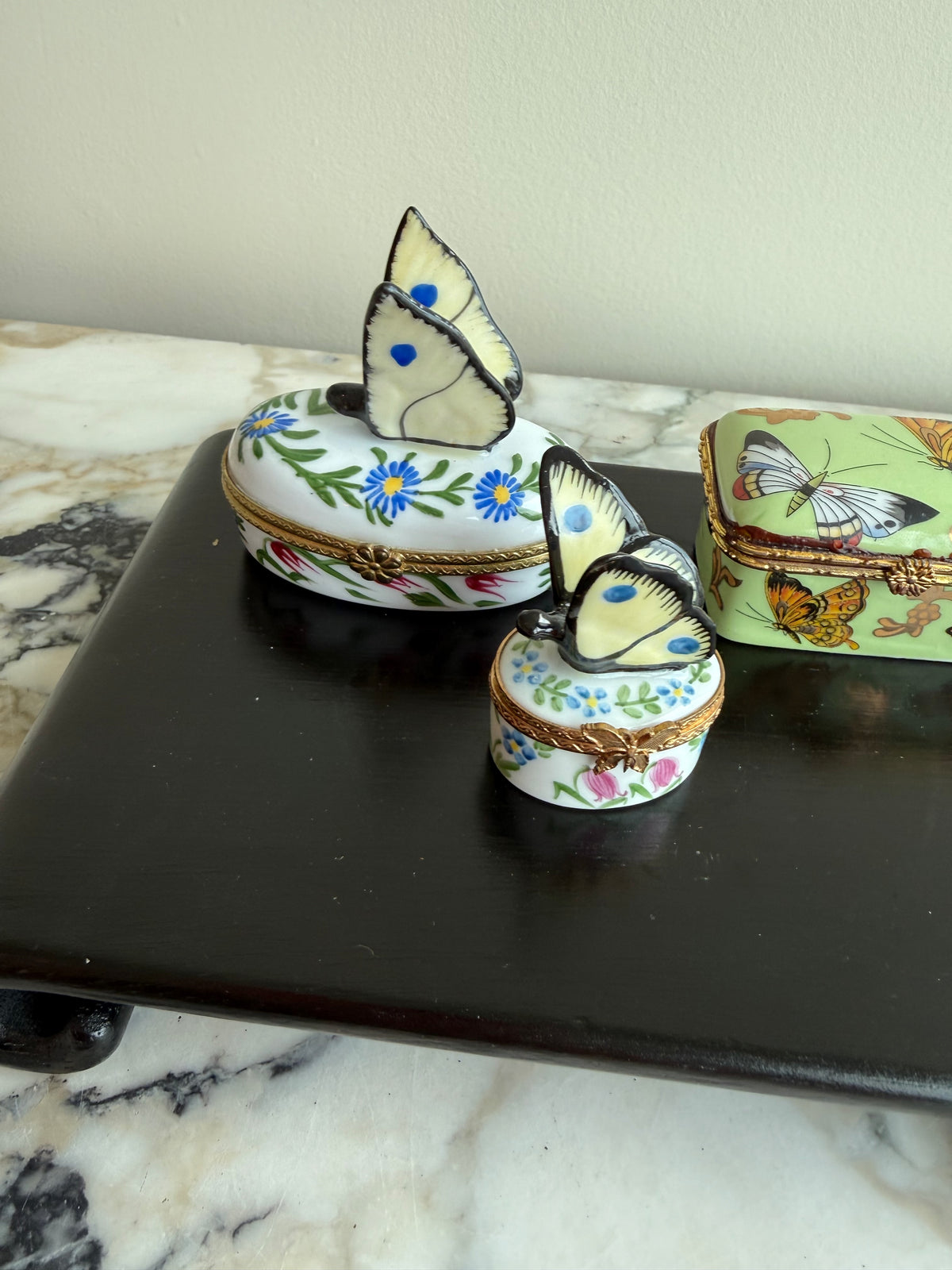 Lot of 3 Decorative Porcelain Butterfly Hinged Trinket Boxes