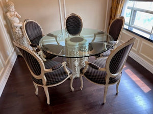Thick Cut Round Glass Dining Table, Ceramic Base + 6 French Provincial Chairs