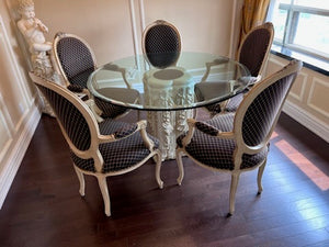 Thick Cut Round Glass Dining Table, Ceramic Base + 6 French Provincial Chairs