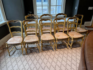 Set of 9 Cream French Provincial Ladder Back, Rush Seat Dining Chairs