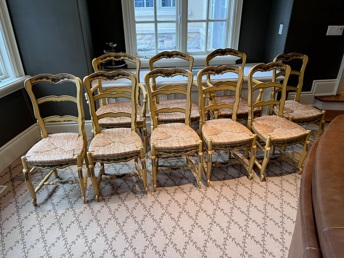 Set of 9 Cream French Provincial Ladder Back, Rush Seat Dining Chairs