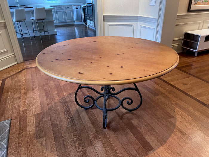 Round Wood Dining Table on Wrought Iron Base