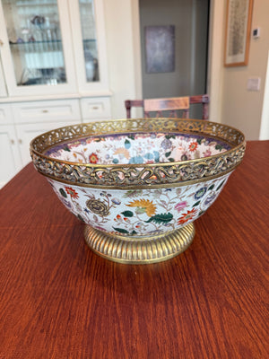 Vintage Wong Lee Porcelain Centerpiece Bowl with Brass Stand