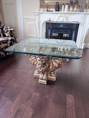 Glass Top Coffee Table with Gold Ceramic 'Lion Head' Base