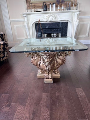 Glass Top Coffee Table with Gold Ceramic 'Lion Head' Base