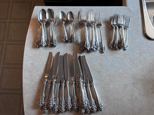 GRANDE BAROQUE BY WALLACE STERLING SILVER FLATWARE SET FOR 12 + 9 SERVING PIECES