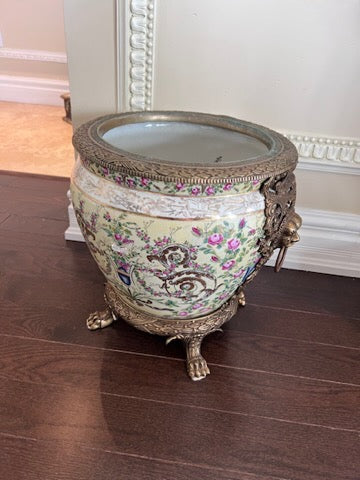 12" Yellow Florentine Claw Footed Planter with Brass Accents