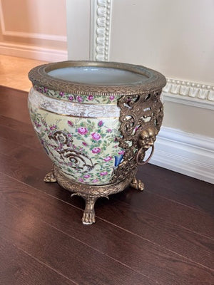 12" Yellow Florentine Claw Footed Planter with Brass Accents