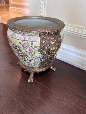 12" Yellow Florentine Claw Footed Planter with Brass Accents