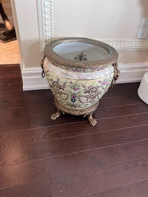 12" Yellow Florentine Claw Footed Planter with Brass Accents