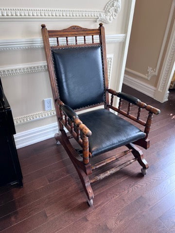 Antique Oak Wood and Leather Glider Chair