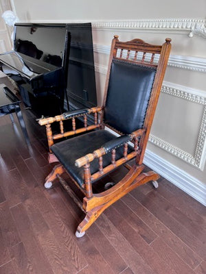 Antique Oak Wood and Leather Glider Chair