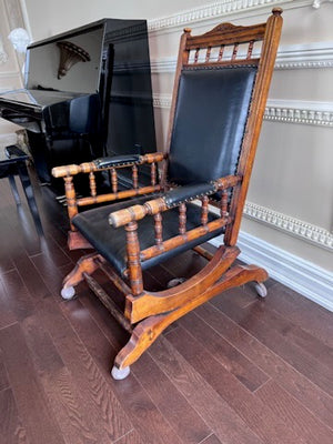 Antique Oak Wood and Leather Glider Chair