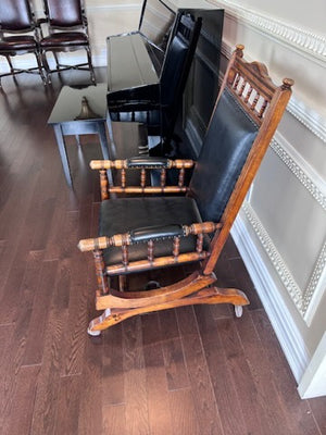 Antique Oak Wood and Leather Glider Chair