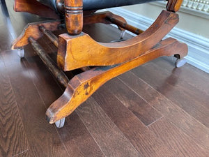 Antique Oak Wood and Leather Glider Chair