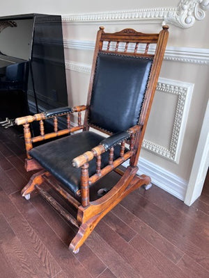 Antique Oak Wood and Leather Glider Chair