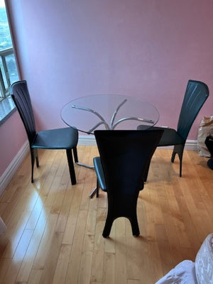 Round Glass Bistro Table + 3 Green Leather Italian Chairs