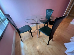 Round Glass Bistro Table + 3 Green Leather Italian Chairs