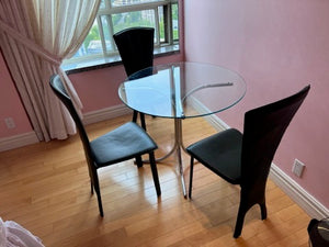 Round Glass Bistro Table + 3 Green Leather Italian Chairs