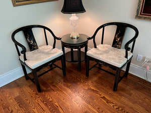 3pc Set- Pair of Chinese Chinoiserie Horseshoe Lacquered Chairs + 2 Matching Side Tables