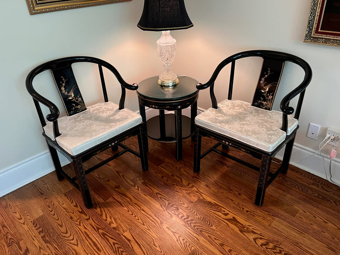 3pc Set- Pair of Chinese Chinoiserie Horseshoe Lacquered Chairs + 2 Matching Side Tables