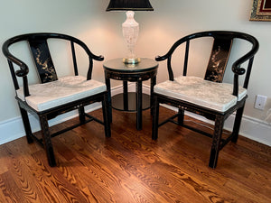 3pc Set- Pair of Chinese Chinoiserie Horseshoe Lacquered Chairs + 2 Matching Side Tables