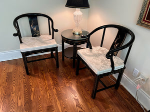 3pc Set- Pair of Chinese Chinoiserie Horseshoe Lacquered Chairs + 2 Matching Side Tables
