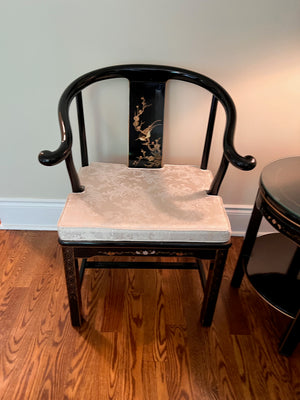 3pc Set- Pair of Chinese Chinoiserie Horseshoe Lacquered Chairs + 2 Matching Side Tables
