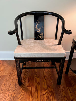 3pc Set- Pair of Chinese Chinoiserie Horseshoe Lacquered Chairs + 2 Matching Side Tables