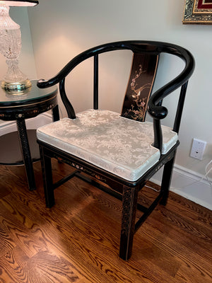 3pc Set- Pair of Chinese Chinoiserie Horseshoe Lacquered Chairs + 2 Matching Side Tables
