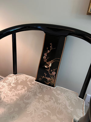 3pc Set- Pair of Chinese Chinoiserie Horseshoe Lacquered Chairs + 2 Matching Side Tables