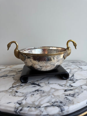 Vintage Hammered Silver-Plated Bowl with Brass Swan Handles