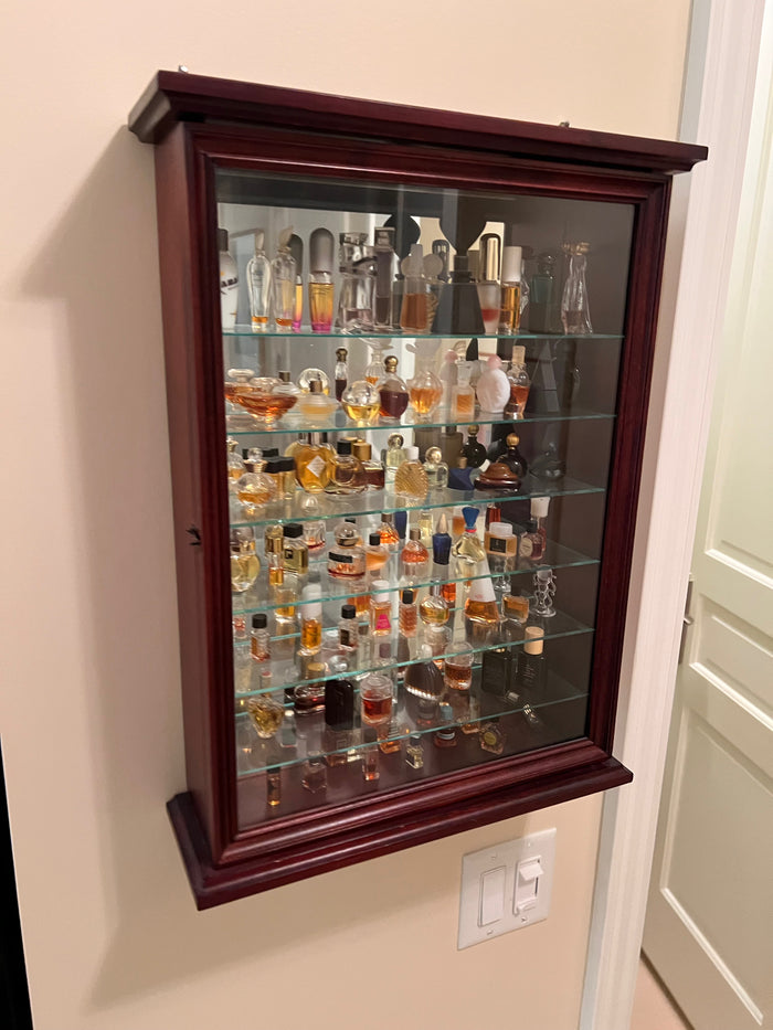 Small Wall Mounted Display Cabinet with Mini Perfume Collection Lot (approx 70 bottles)
