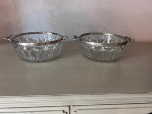 Pair of Vintage Bohemian Glass Bowls with Silverplate Rim